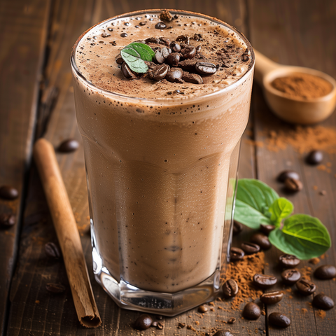 Mokka-Proteinshake mit Kaffeebohnen und frischer Minze on Top auf einem Holztisch mit einer Zimtstange