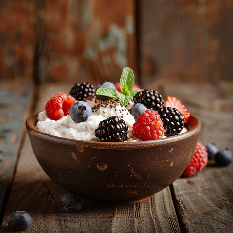 Fruchtiger Quark mit Fruechten in einer braunen Keramikschuessel auf einem braunen Holzboden