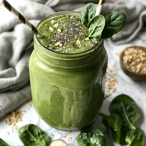 Green-Power-Protein-Smoothie mit einem Strohhalm im Glas auf einem weissen Tisch mit Spinat