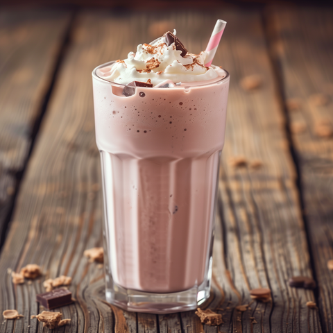 Erdbeerproteinshake mit Sahnehaube und Strohhalm auf einem dunklen Dielenboden mit Dekoration