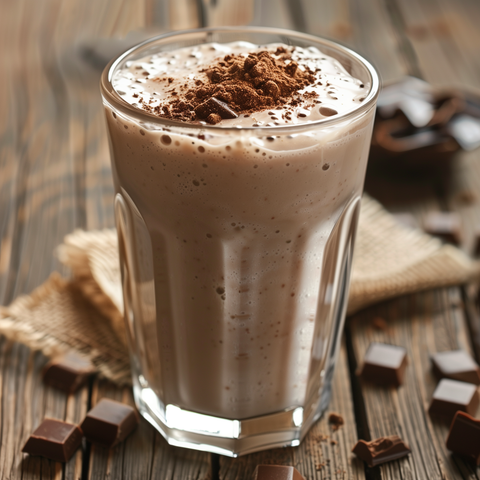 Schokoladen-Proteinshake auf einem Holztisch mit Schokoladenstuecken