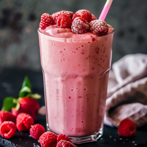 Vanille Himbeer Proteinshake mit Himbeer-Topping und Strohhalm im Glas